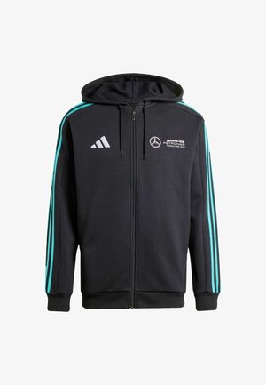 Black zip-up hoodie made of soft fabric. Features teal three-stripe design on sleeves and dual logos on chest: Mercedes and AMG Petronas.