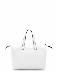 Hvid lædertaske med to øverste håndtag og et minimalistisk design, vist mod en ensfarvet hvid baggrund.