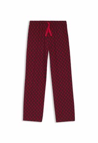 Røde pyjamasbukser med et gentaget logomønster, udstyret med elastisk taljebånd og en snor i kontrastfarvet pink. Design med lige ben.
