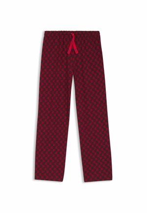 Czerwone spodnie do piżamy z powtarzającym się wzorem logo, wyposażone w elastyczny pas i sznurek w kontrastującym różowym kolorze. Prosty krój nogawek.