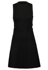 Schwarzes ärmelloses Kleid mit einem taillierten Oberteil und einem ausgestellten Rock, aus dehnbarem Stoff gefertigt. Es verfügt über seitliche Ausschnitte und einen hohen Ausschnitt.