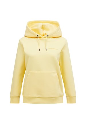 Haut à capuche jaune avec une poche avant, cordon de serrage à la capuche, poignets et ourlet côtelés. Présente une broderie de logo discrète dans une couleur assortie. Texture lisse.