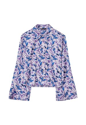 Gekürztes Hemd aus leichtem Stoff mit lila Blumenmuster; verfügt über lange Ärmel, einen Kragen und eine Knopfleiste auf der Vorderseite.