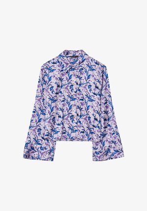 Gekürztes Hemd aus leichtem Stoff mit lila Blumenmuster; verfügt über lange Ärmel, einen Kragen und eine Knopfleiste auf der Vorderseite.