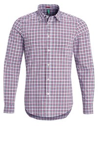 Rutigt knapp-up skjorta i vitt, rött och blått. Har långa ärmar, en krage och en enda bröstficka. Slät bomullstextur.