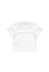 T-shirt bianco in cotone, maniche corte, scollatura a giro, vista posteriore semplice, dettagli di cucitura minimi, etichetta visibile sul lato sinistro in basso.