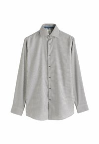 Cămașă cu carouri alb-negru, cu mâneci lungi, guler clasic și interior cu model albastru. Fabricată dintr-un material ușor.