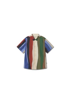 Short-sleeve button-up shirt featuring vertical stripes in red, green, blue, and cream. Cotton fabric with a standard collar.
