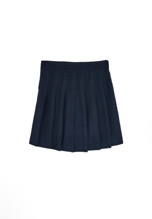Jupe plissée bleu marine avec une ceinture droite, présentée à plat sur un fond blanc.