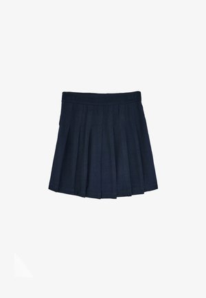 Jupe plissée bleu marine avec une ceinture droite, présentée à plat sur un fond blanc.