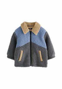 Veste en fausse fourrure avec fermeture éclair. Texturée en bleu, gris et beige. Dispose d'un col et de deux petites poches avant.