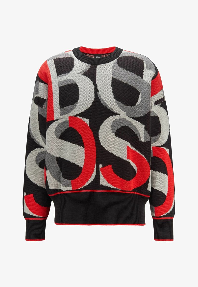 Pull en tricot avec un motif graphique audacieux en noir, rouge et gris. Poignets et col côtelés, coupe décontractée, avec un ourlet noir contrastant.