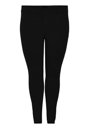 Sorte, slanke bukser med bæltestropper og lukning med knap foran, vist forfra på hvid baggrund.