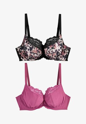 Twee bh's: de bovenste heeft een roze en zwarte luipaardprint met kantafwerking; de onderste is effen fuchsia met kantaccenten en verstelbare bandjes.