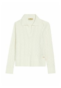 Biały sweter w warkoczowy splot z kołnierzykiem i ściągaczem. Charakteryzuje się skomplikowanymi wzorami, miękką fakturą oraz małym akcentem w postaci logo.