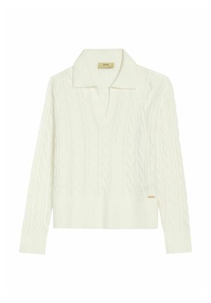 Biały sweter w warkoczowy splot z kołnierzykiem i ściągaczem. Charakteryzuje się skomplikowanymi wzorami, miękką fakturą oraz małym akcentem w postaci logo.