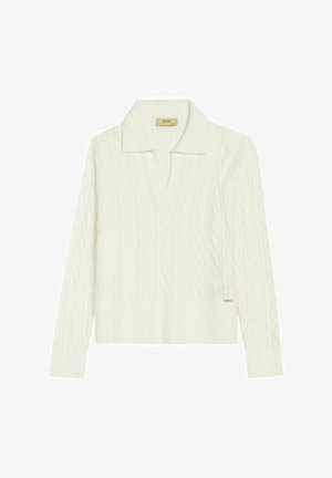 Biały sweter w warkoczowy splot z kołnierzykiem i ściągaczem. Charakteryzuje się skomplikowanymi wzorami, miękką fakturą oraz małym akcentem w postaci logo.