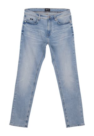Jasnoniebieskie jeansy o dopasowanym kroju z przednimi kieszeniami, zapięciem na guziki i wyblakłymi detalami wzdłuż ud i kolan.