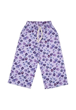 Lavender wide-leg pants with elastic waistband and white drawstring, featuring a purple and blue floral pattern.