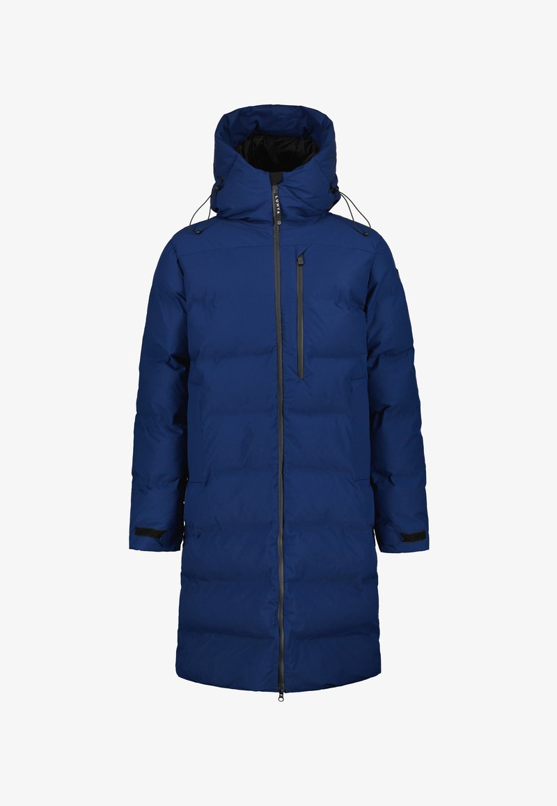 Parka acolchada azul marino con un cuello alto, capucha ajustable, bolsillos laterales, cierre frontal de cremallera y detalles negros en los puños y la cremallera.