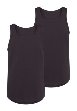 Due due top neri senza maniche realizzati in morbido tessuto di cotone, con scollo rotondo e orlo dritto. Design senza cuciture, senza hardware o dettagli prominenti.