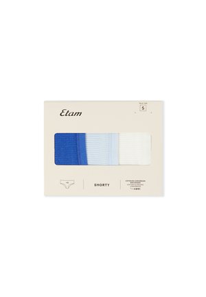 Set aus drei kurzen Unterhosen in Dunkelblau, Hellblau und Weiß. Hergestellt aus geripptem Baumwollstoff mit umweltfreundlichem Etikett. Größe S.