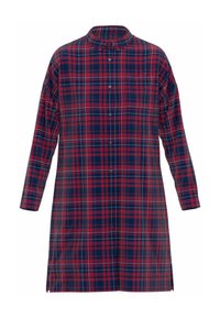 Rood en marineblauw geruite jurk van stof met een zachte textuur, voorzien van een knoopsluiting aan de voorkant, lange mouwen en zijsplitten.