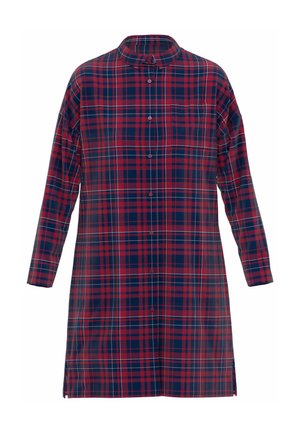 Abito camicia a quadri rosso e blu navy realizzato in un tessuto dalla consistenza morbida, con chiusura a bottoni sul davanti, maniche lunghe e spacchi laterali.