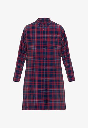 Red and navy plaid shirt dress made of fabric with a soft texture, featuring a buttoned front, long sleeves, and side slits.
