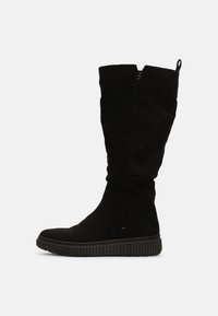 Botte haute jusqu'au genou en suède noir avec une semelle en caoutchouc texturée, une fermeture éclair latérale et une languette en haut pour faciliter l'enfilage. Fini mat lisse.