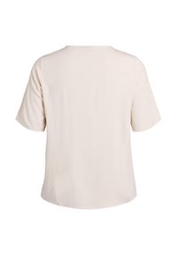 Krótki rękaw bluzka w jasnobeżowym kolorze z okrągłym dekoltem i gładkim, lekko elastycznym materiałem. Prosty krój bez ozdób.