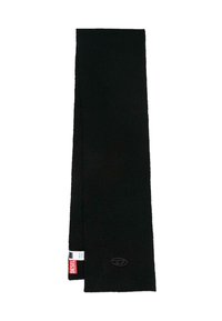 Sciarpa nera in maglia con una texture morbida, dotata di un logo discreto e di un'etichetta di stoffa all'estremità. Forma rettangolare, design minimalista.