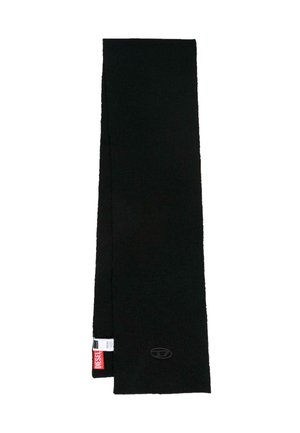Zwarte gebreide sjaal met een zachte textuur, voorzien van een discreet logo en een stoffen label aan het einde. Rechthoekige vorm, minimalistisch ontwerp.