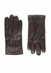 Brune læderhandsker med en glat tekstur, med samlet manchet og dekorativ syning på bagsiden. Fem-finger design.