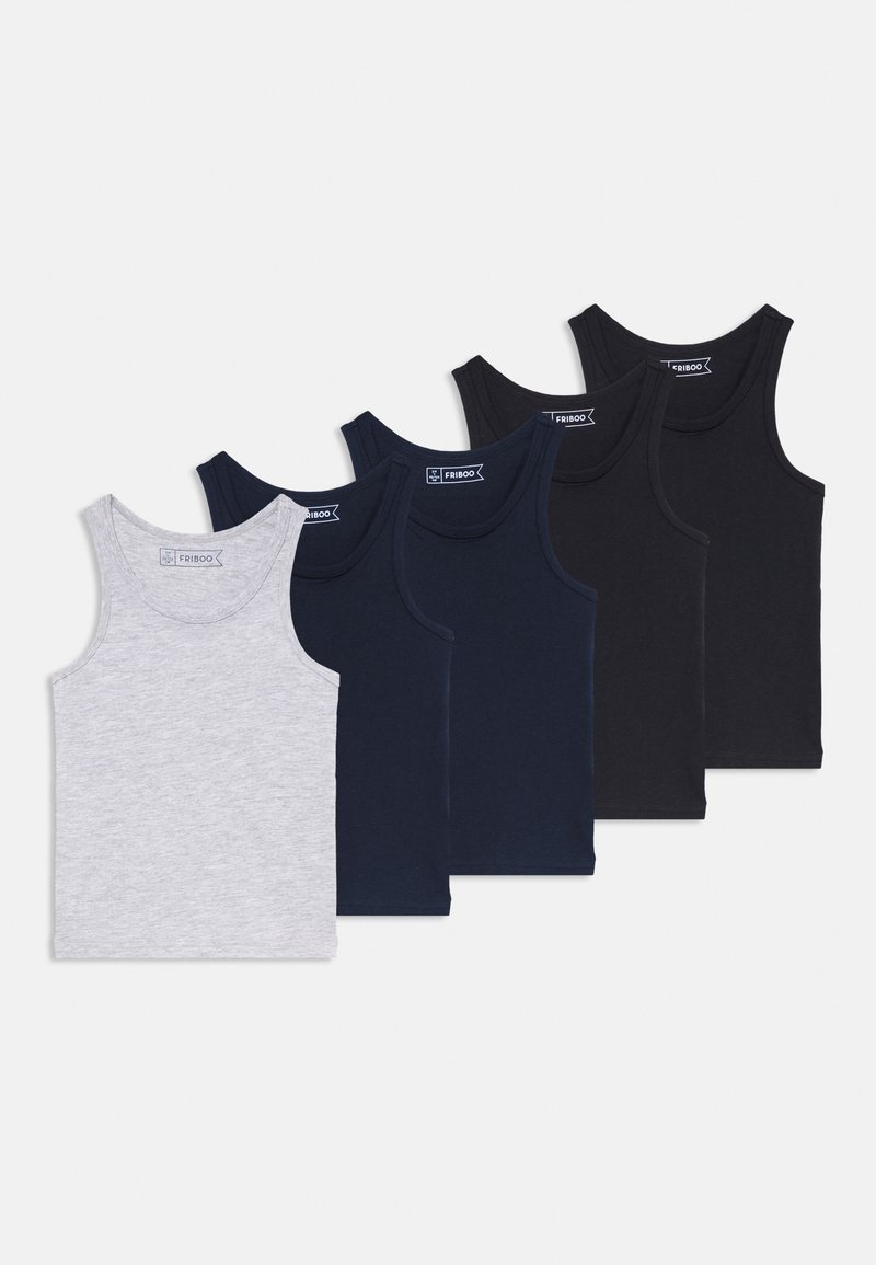 Pieci bezdelīgas krekli, sakārtoti no kreisās uz labo: gaiši pelēks, tumši zils, jūras zilais, pelēkā krāsā un melns. Audums izskatās gluds un elastīgs.