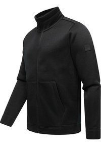 Giacca nera con zip realizzata in tessuto texturizzato, caratterizzata da un colletto alto, due tasche anteriori e un design elegante con una toppa logo sulla manica.