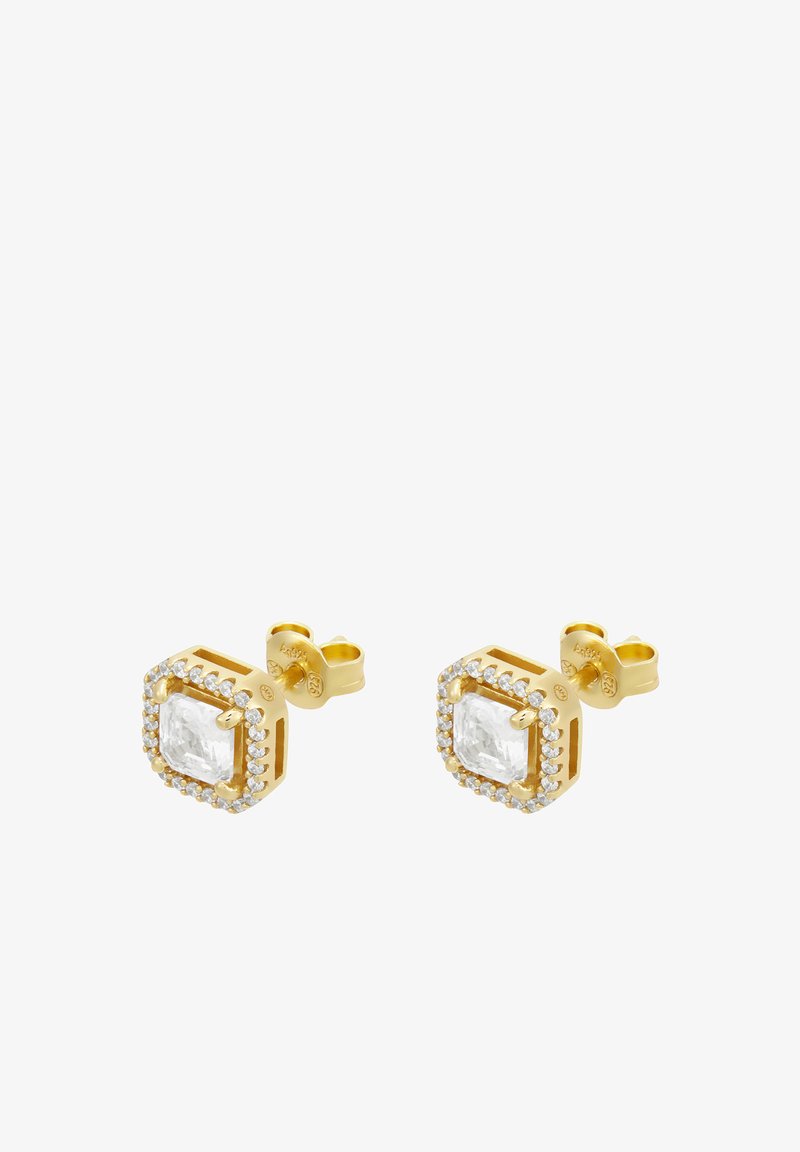 Gold square earrings featuring a central clear gemstone surrounded by small sparkling accents, with a post and backing for secure wear.