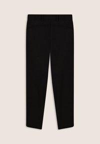 Pantalons noirs ajustés en tissu lisse, présentant une coupe droite, des détails de couture subtils et une taille standard sans matériel visible.
