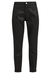 Černé bavlněné kalhoty slim fit s knoflíkovým zapínáním, bočními kapsami a ohrnutými konci. Hladká textura s minimálními detaily.