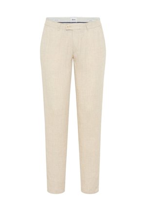 Beige slim-fit broek met vooraan knoop- en ritssluiting, riemlussen en zijzakken, weergegeven op een witte achtergrond.