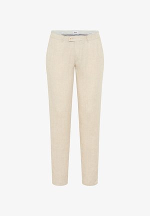 Beige slim-fit broek met vooraan knoop- en ritssluiting, riemlussen en zijzakken, weergegeven op een witte achtergrond.