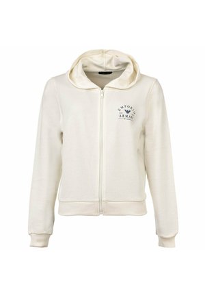 Cremefarbene Kapuzenjacke mit Reißverschluss, Fronttaschen, gerippten Bündchen und Emporio Armani Logo auf der linken Brust.