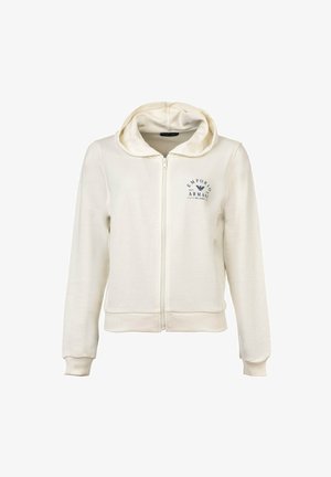 Cream-colored zip-up hoodie with front pockets, ribbed cuffs, and Emporio Armani logo on the left chest.