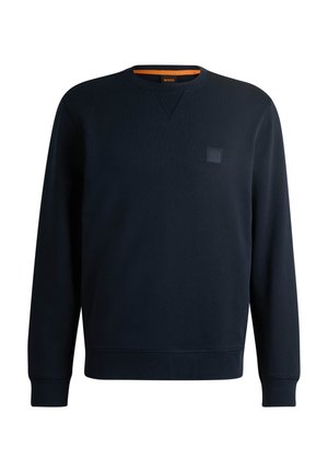 Navy blue sweatshirt made of fabric with a smooth texture. Features a crew neckline, ribbed cuffs, and a small logo patch on the chest.