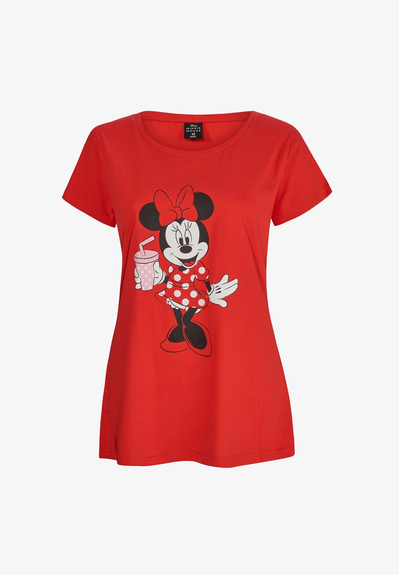 Rotes T-Shirt mit kurzen Ärmeln aus Baumwolle, das ein Grafikmotiv eines Cartoon-Charakters zeigt, der ein Getränk hält. Das Design enthält Punkte und eine Schleife.