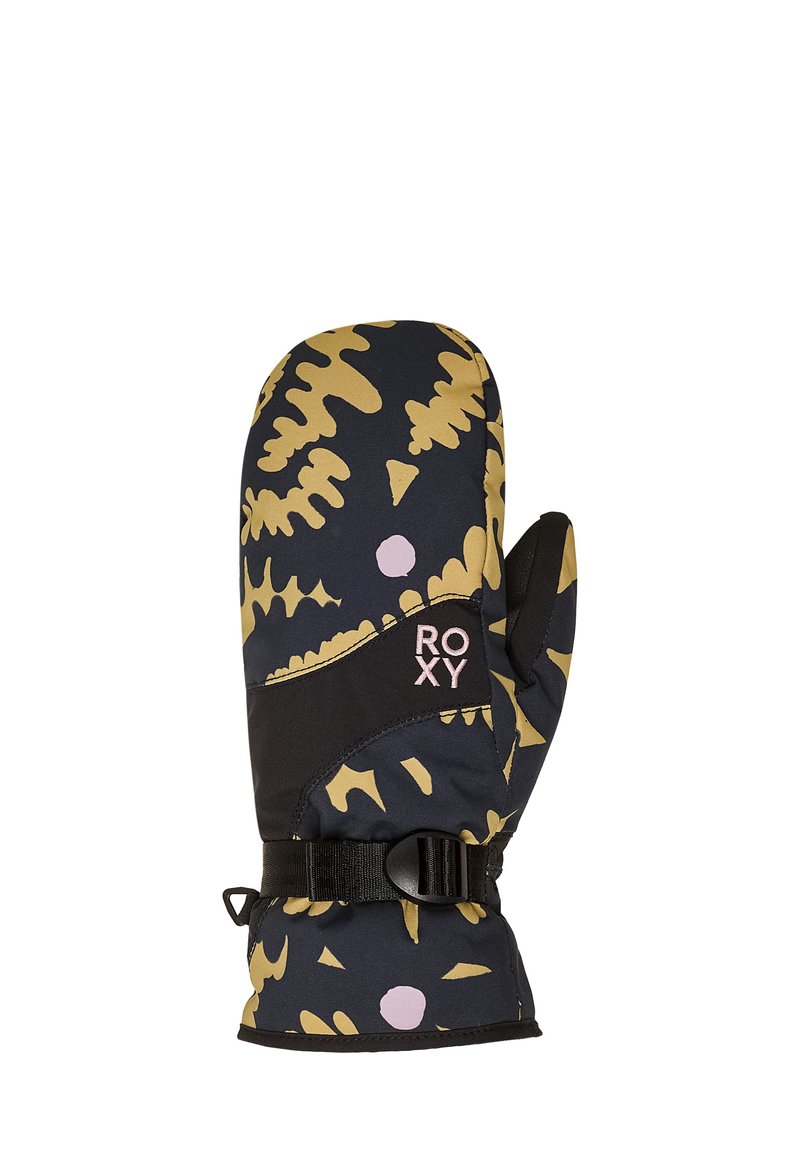 Mittens s crnim i zlatnim uzorkom s teksturiranim završetkom, opremljene crnom elastičnom narukvicom i Roxy logom u ružičastoj boji.
