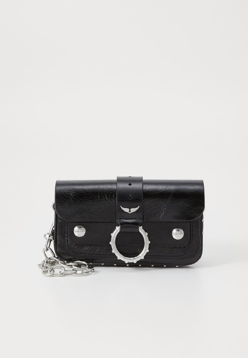 Black leather crossbody bag with a flap, silver hardware, round ring detail, and a chain strap. Features silver studs along the edges.