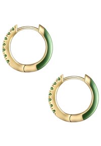 Zelta gredzenveida auskari ar zaļas emaljas akcentu un dekoratīvām zaļām dārgakmeņu detaļām pa vienu malu. Cirkulāra forma ar gludu tekstūru.