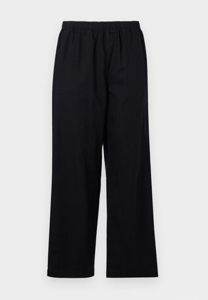 Black, wide-leg trousers made of a smooth fabric with an elastic waistband. No visible patterns or hardware details.