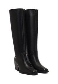 Stivali neri in pelle, alti fino al ginocchio, con una finitura liscia, punta quadrata e tacco grosso. Presentano un sottile dettaglio delle cuciture lungo il gambale.